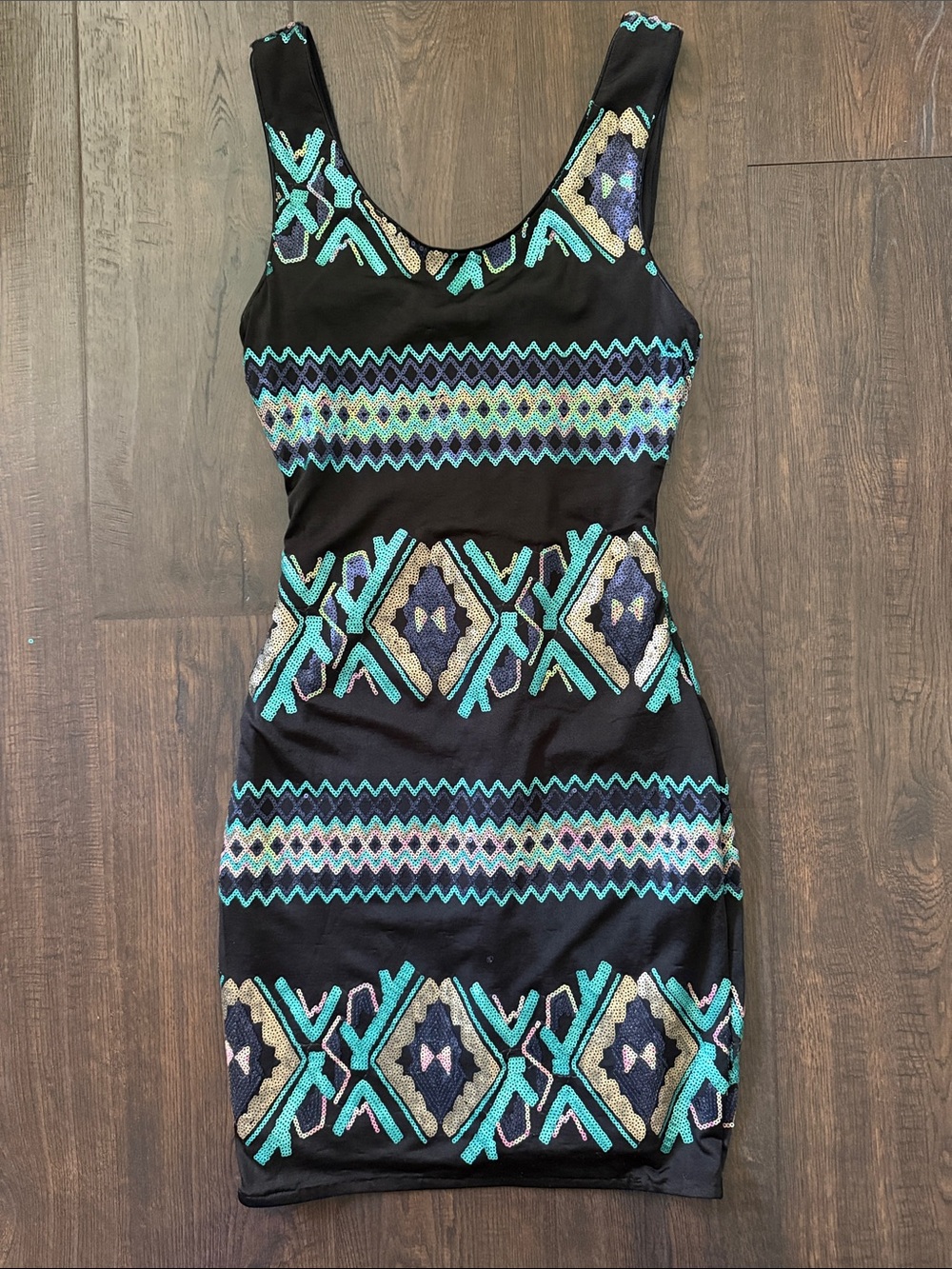 Charlotte Russe Black Mini Dress with Teal and Gold Embroidery